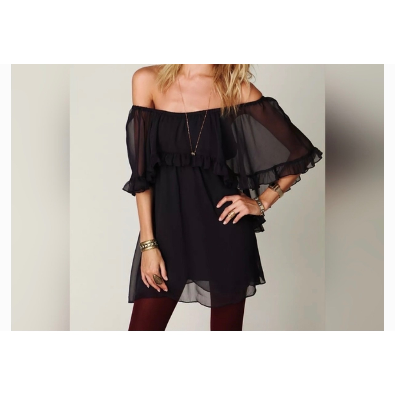 Nwt Free People Midnight Mini Dress Ruffle Off Shoulder Cape Sleeve Xs